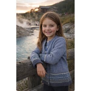 Alexandra Bartlett Girls Blue Lambs Wool Beaded Fair Isle Cardigan S *note